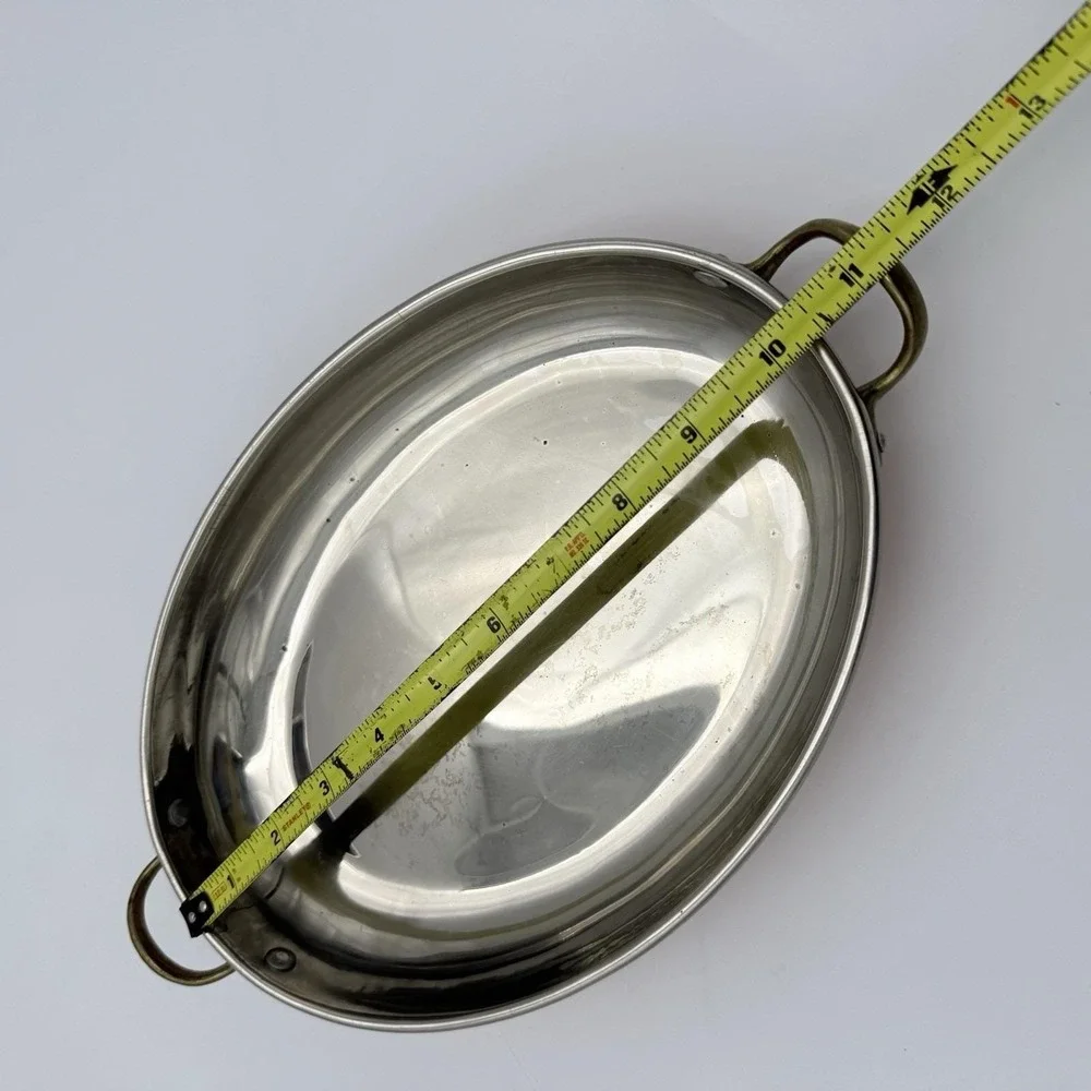 Vtg Copper Gratin Tin Lined Oval Pan Dish Cookware Brass Handles Wall Hanging
